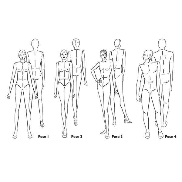 Fashion Template Of Walking Men And Women. 9 Head Size For Technical Drawing.  Gentlemen And Lady Figure Front And Back View. Vector Outline Boy And Girl  For Fashion Sketching And Illustration. Royalty